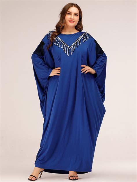 Plus Size Langes Kleid Blue Jewel Neck Batwing Langarm Spitze Boden