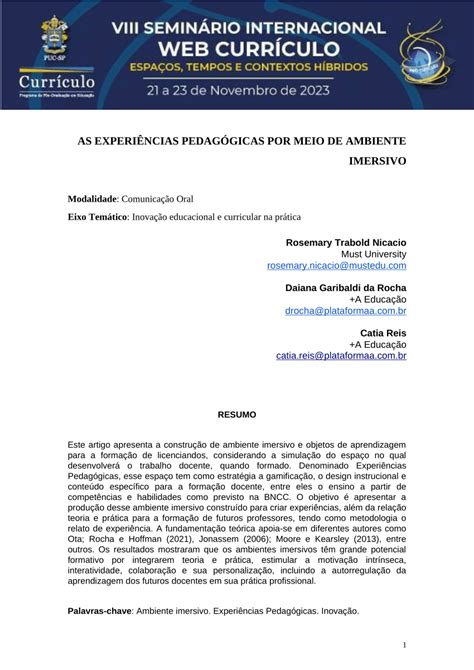 Pdf As Experi Ncias Pedag Gicas Por Meio De Ambiente Imersivo