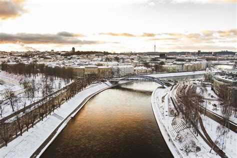 Beautiful Vilnius City Panorama In Winter With Snow Covered Houses