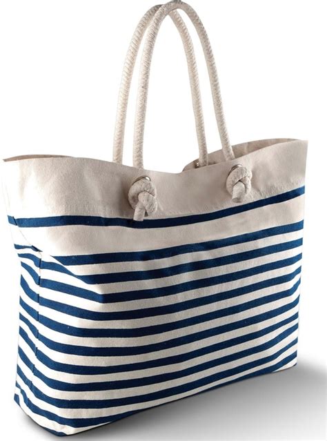 Grand Sac De Plage Bleu Style Marin En Coton Canvas Anses En