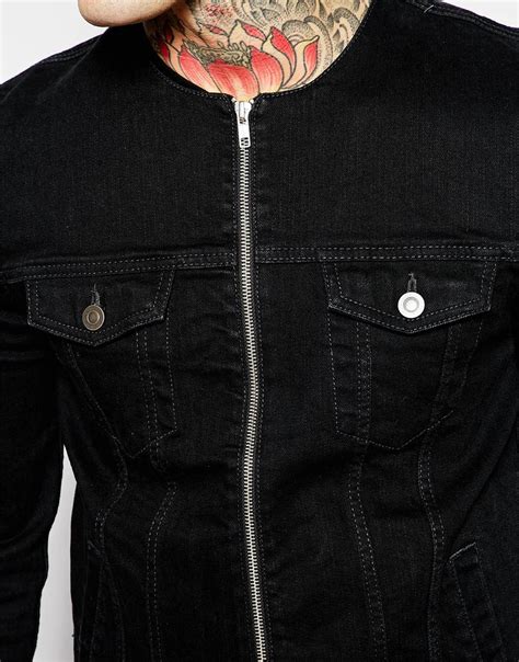 Lyst Asos Collarless Denim Jacket In Black For Men