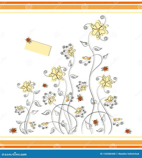 Yellow Flowers and Ladybugs. Flower Design Stock Illustration