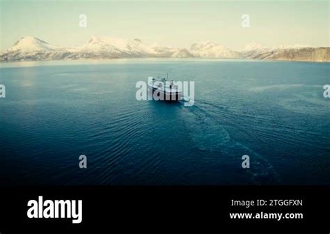 Ferry Reaching Norwegian Fjords Boat And The Sea K Drone Shot Boat