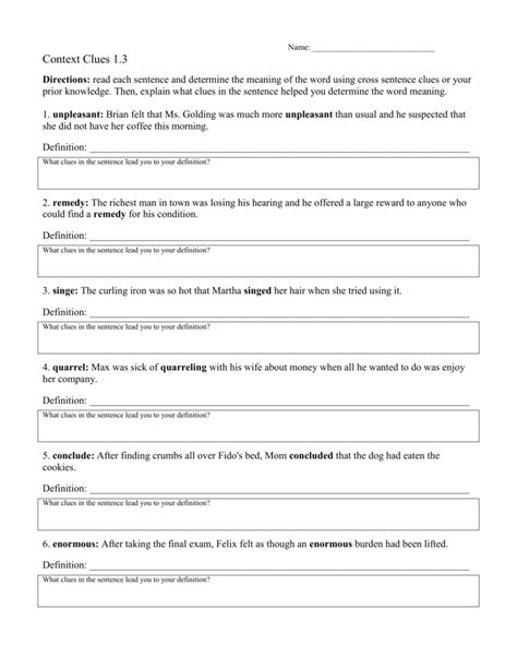 Context Clues Worksheet 1 3 Rtf