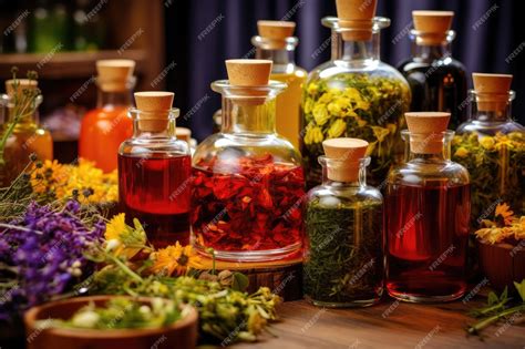 Botellas De Tintura O Infusión De Hierbas Medicinales Y Plantas Curativas Saludables Foto Premium