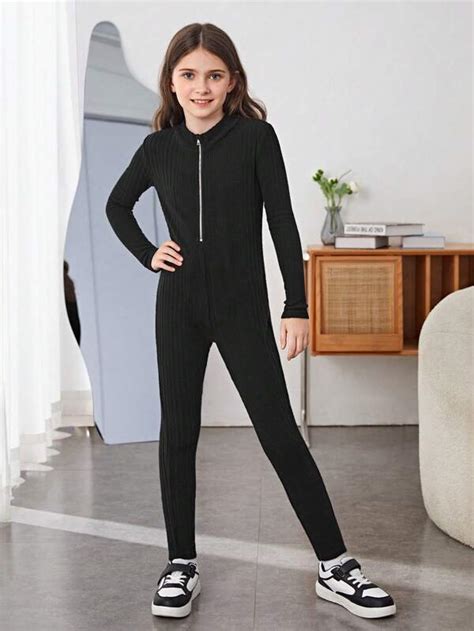 SHEIN Chica Preadolescente Mono Unitard Con Cremallera Con Capucha Sin