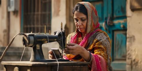 Indian Woman Working With A Sewing Machine In An Outdoor Setting