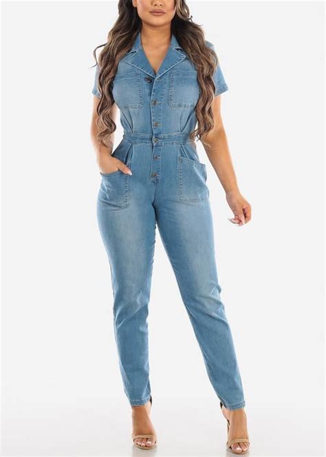 Cute Denim Coveralls Long Sleeve Denim Jumpsuit Medium Wash Jean