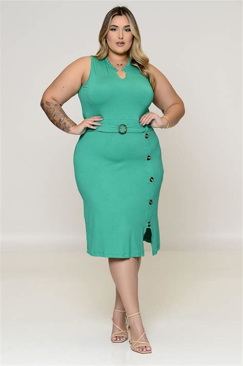 Vestido Plus Size Verde Com Cinto Embutido Vk Moda Plus Size