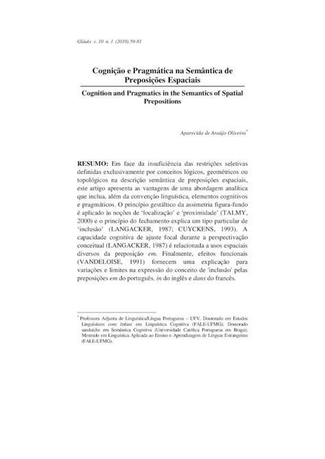 PDF Cognição e Pragmática na Semântica de Preposições Espaciais As