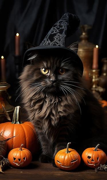 Premium AI Image Black Cat And Pumpkins Halloween Background