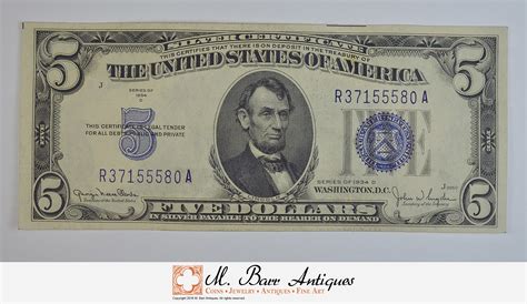 RARE - Crisp 1934 - Silver Certificate $5.00 Very Tough in Higher Grade