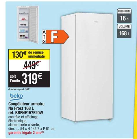 Promo Congélateur Armoire No Frost 168 L Beko Réf Brfne157e20w chez