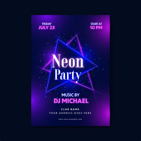 Neon Party Flyer Or Template Design With Shiny Triangle Frames And