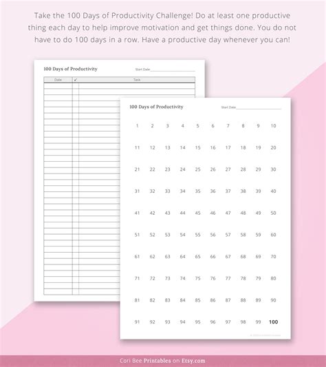 100 Days of Productivity Printable, 100 Days Tracker, 100 Days
