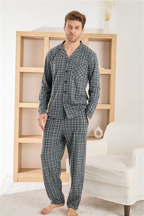 Gri Ekose Desenli Önden Düğmeli Elegant Erkek Pijama Takımı Erkek Polar Pijama Takımı Pijamaevi