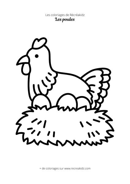 Coloriage poule avec ses oeufs Dessin à colorier imprimer en PDF