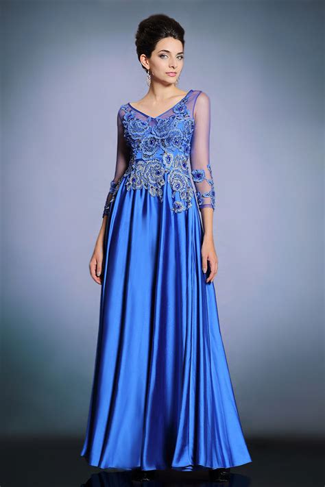 Sexy V Neck A Line Blue Satin Long Evening Dress With Sleeves Xhd