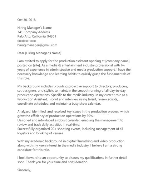 Free Production Assistant Cover Letter Template And Example On