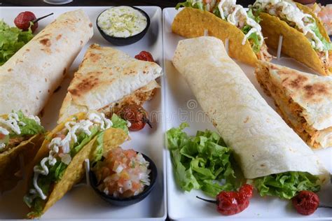 Mexican Tacos Quesadillas And Burritos With Guacamole Chilli Salad