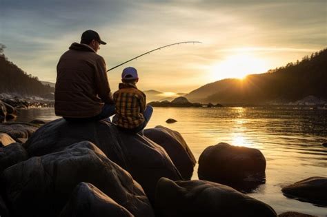 Padre E Hijo Pescando En El R O Al Atardecer El Concepto De Familia