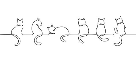 Continuous One Line Drawing Of Vector Cat In Various Poses 13814351