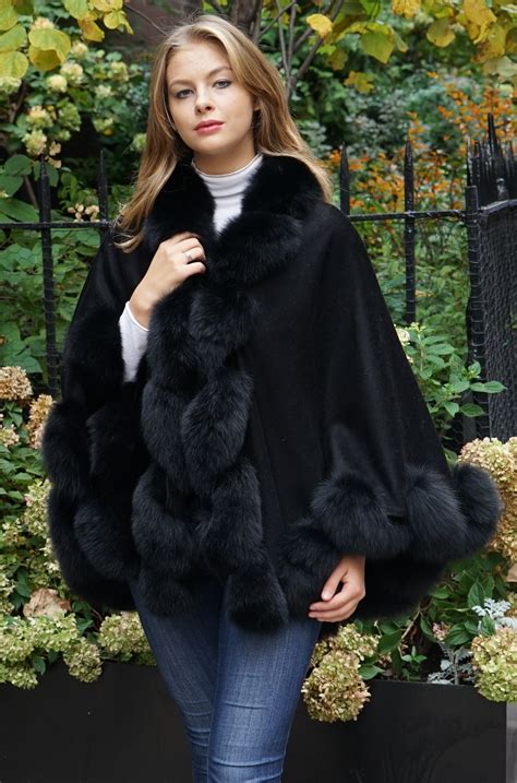 Black Cashmere Cape Black Fox Trim 474747 Marc Kaufman Furs