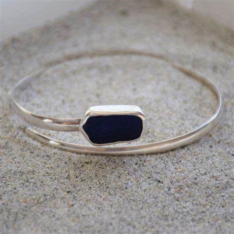 Cobalt Blue Genuine Sea Glass And Sterling Silver Bangle Bracelet By