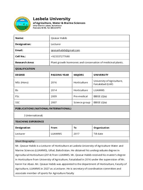 Fillable Online Mr Muhammad Ramzan Faculty Bio Data Docx Fax Email