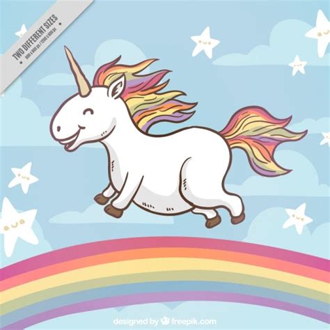 Glückliches einhorn auf einem regenbogen hintergrund Kostenlose Vektor