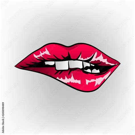 Big Red Lips Track On White Background Sexy Biting Lips Red Mouth With White Teeth Isolated On