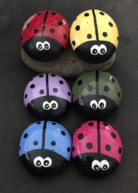 Set 6 Colorful Wide Eyed Ladybug Garden Stones Painted Etsy Rock