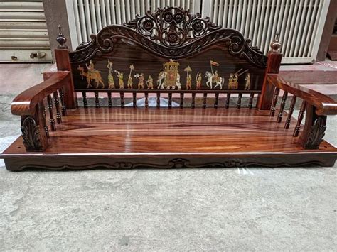 Wooden Carved Jhula Seat With Brass Hooks And Brass Chains Carved Swing