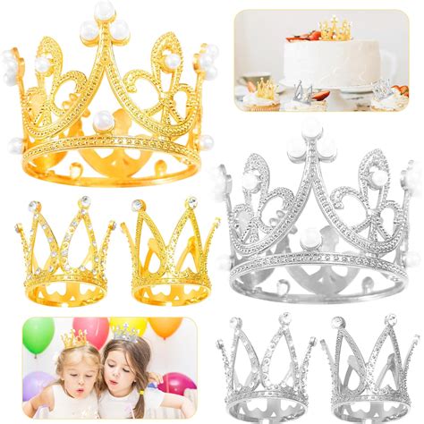 6 Pcs Mini Crown Cupcake Toppers Gold Silver Crystal Pearl