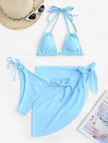 Zaful Cinched Mesh Strappy Halter Three Piece Bikini Swimwear In Light