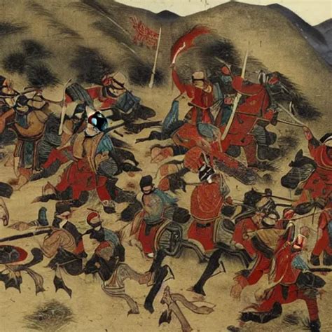 Mongol Khan ambushes a column of Song Dynasty soldiers | Stable Diffusion