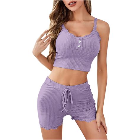 Posijego Womens Lace Trim Cami Pajama Set Crop Top Sleepwear Shorts 2