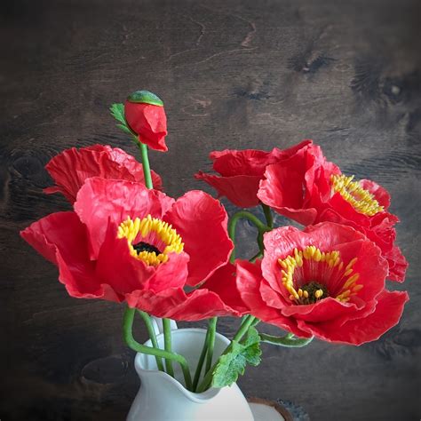 Red Poppies Bouquet Rustic Home Decor Wood Flower Bouquet Etsy