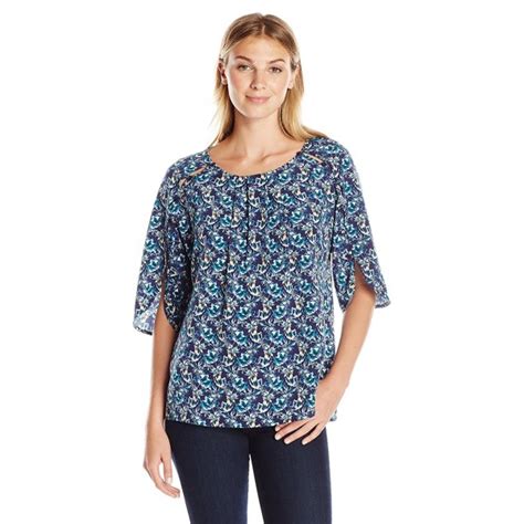 Women S Printed Length Button Sleeve Billowy Top Dark Floral