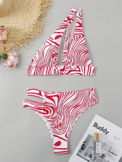 Fluid Pattern Cut Out One Shoulder Bikini Swimsuit Shein Usa