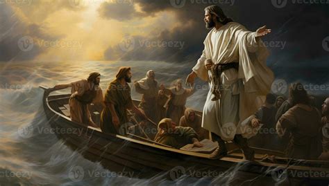 Jesus Christ On The Boat Calms The Storm At Sea 27288476 Stock Photo