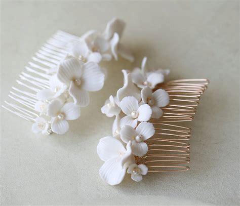 Peigne Cheveux Mariage Blanca Fleurs Porcelaine Perles Nacr Es