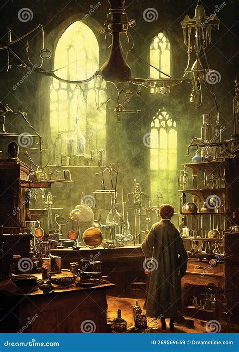 An Alchemist In His Laboratory Digital Art Stock Illustration