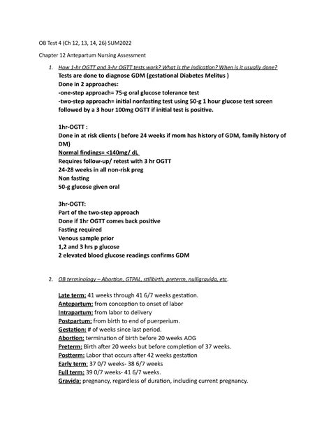 Ob Test 4 Study Guide Ob Test 4 Ch 12 13 14 26 Sum Chapter 12