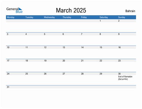 Editable March 2025 Calendar With Bahrain Holidays