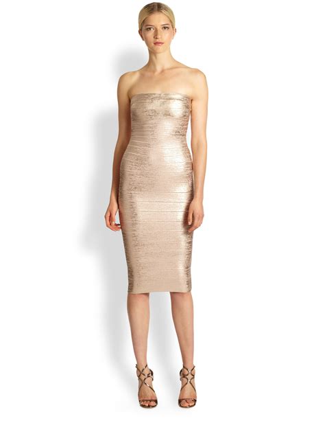 Hervé léger Strapless Foil Printed Bandage Dress in Metallic Lyst