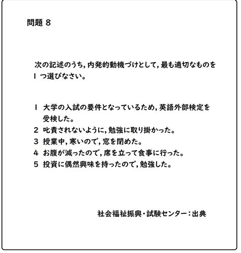 【社会福祉士 第35回 問題8 過去問題】【次の記述のうち，内発的動機づけとして，最も適切なものを 1 つ選びなさい】 社会福祉士 合格絵本