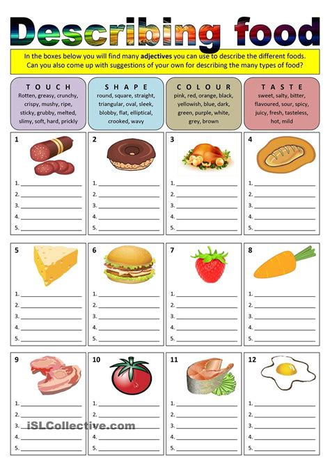 Describing Food Adjectives English Food Adjective Worksheet Food Tech