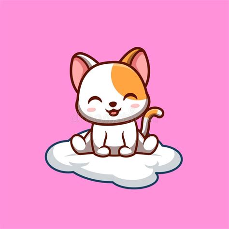 White Cat Sitting Winking Cute Creative Kawaii Cartoon Mascot Logo Stock Illustration