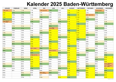 Kalender 2025 Baden Württemberg kostenlos Ferien Übersicht Feiertage